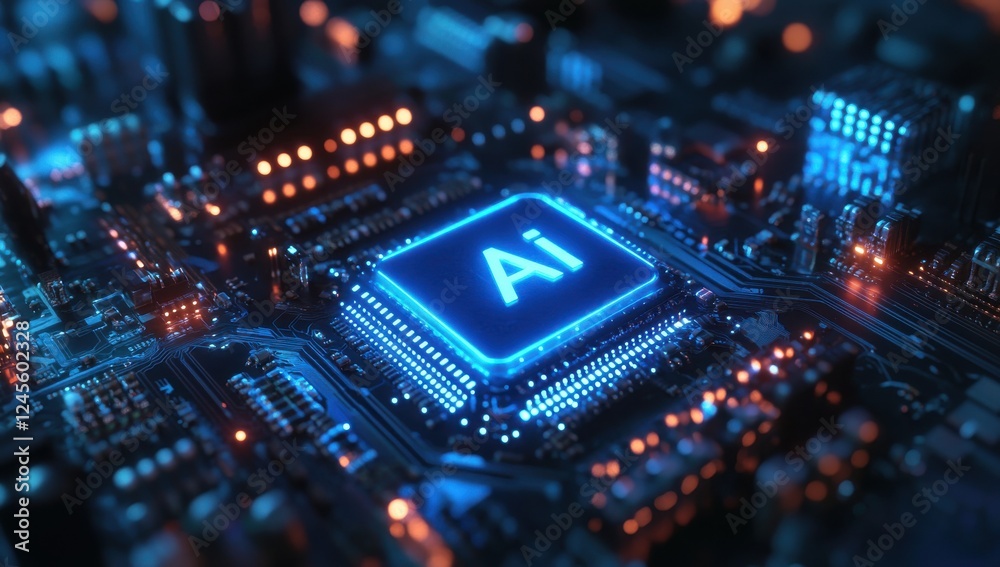 Poster close-up view of a futuristic microprocessor chip with glowing ai symbol on a complex circuit board 