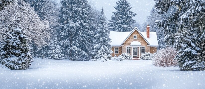 Serene snowy cottage surrounded by tall evergreen pines in a tranquil winter landscape with softly falling snowflakes creating a cozy ambiance