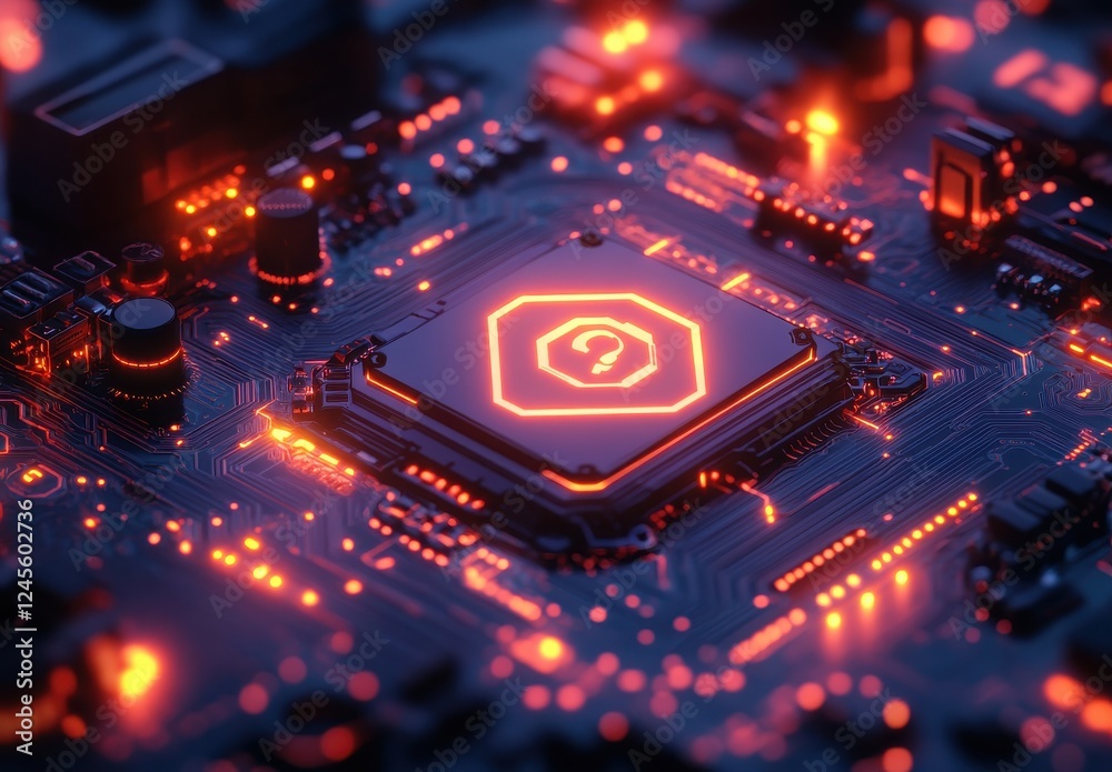 Poster close-up view of glowing computer circuit board with illuminated chip in high-tech design featuring 