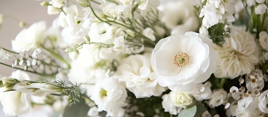 Fototapeta premium Delicate white floral arrangement in soft focus featuring various blooms with green accents against a light background highlighting exquisite details.