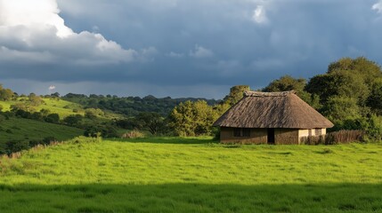 Fototapeta premium Stone Hut In A Lush Green Field Beneath A Dramatic Sky Keywords hut, stone dwelling, thatched roof,