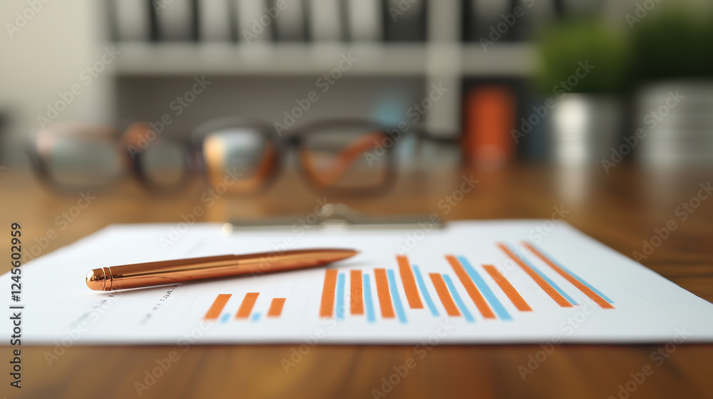 Poster close up view of pen on document with colorful bar graphs, alongside glasses, set against blurred of