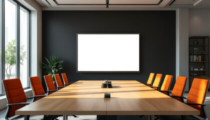 Modern Conference Room Design with Large Screen and Wooden Table