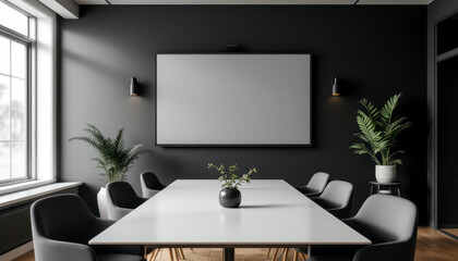 Modern Dark Office Conference Room with White Table