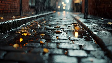Rainy night in a city alleyway with a moody gritty atmosphere  Reflective puddles on the brick paved ground creating a dramatic interplay of light and shadow  The scene has a contemplative