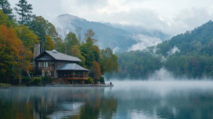 Fototapeta premium A scenic view of a lake house nestled in the mountains with mist rising from the water.