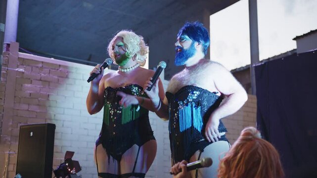 Bearded Drag Queens Perform Captivating Routines Talking and Joking With the Audience at Local Venue