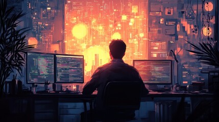 Programmer coding futuristic cityscape night