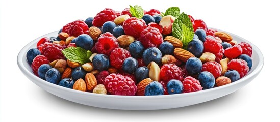 Vibrant salad in a white bowl topped with fresh raspberries, blueberries, and almonds, garnished with mint leaves on a white background.