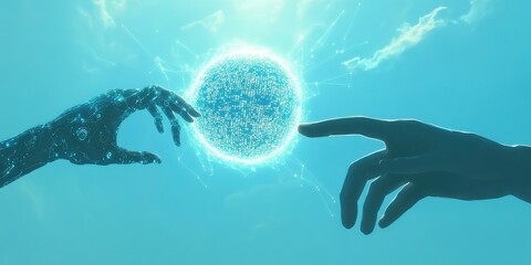 Fototapeta premium Digital Connection Between Human Hand and Futuristic Robotic Hand Reaching for Glowing Sphere Symbolizing Technology and Humanity in Harmony
