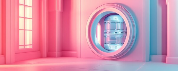 A vibrant, stylized interior featuring circular elements and colorful lighting, creating a futuristic and artistic atmosphere.