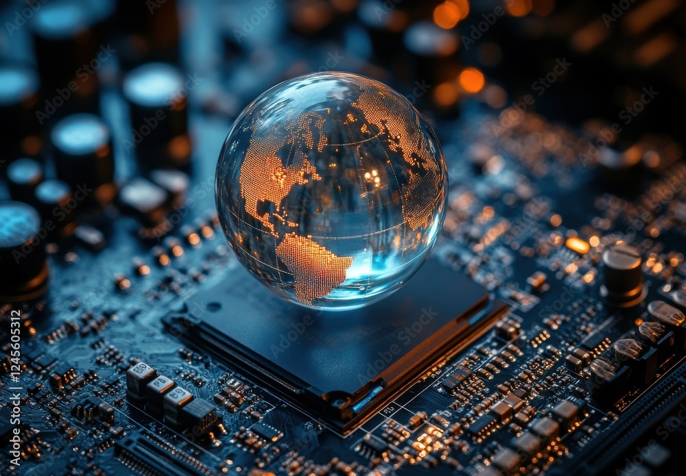 Poster digital globe on circuit board representing global connectivity and advanced technology in modern co
