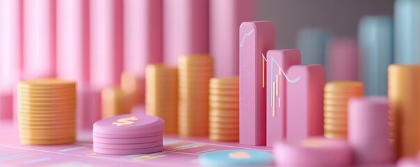 Obraz premium Colorful stacking blocks and coins create a playful, vibrant scene, evoking a sense of fun and creativity in a whimsical setup.