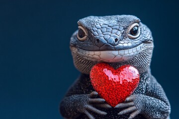 Cute display lizard baby with diamond red heart - emblem of love, funny greeting card. Digital ads conceptual art. Display lizard - my desired animal. Ad campaign concept. Heart animals wild.