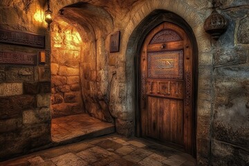 Obraz premium Rustic wooden door in ancient stone corridor with warm lighting