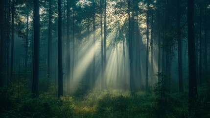 Obraz premium Sunbeam penetrating fog in dense forest nature photography serene environment ethereal viewpoint