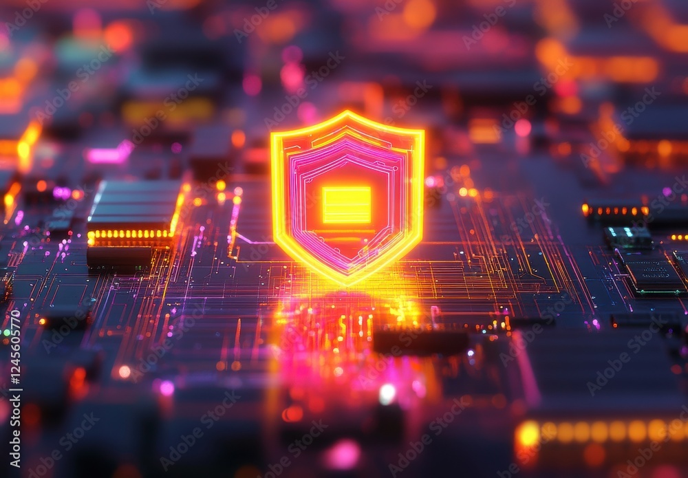 Poster digital shield icon over abstract circuit board design with neon glow in high-tech environment for c