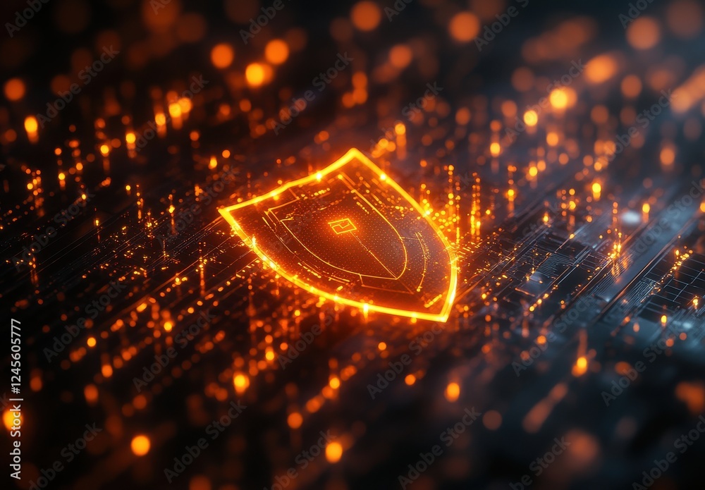 Poster digital shield symbolizing cybersecurity and data protection with glowing elements and abstract back