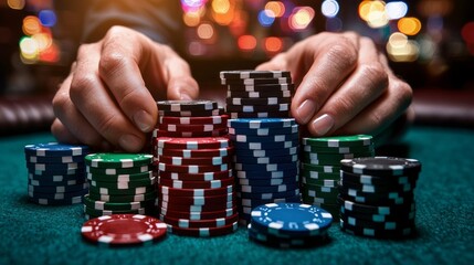 Naklejka premium Focus on skilled hands stacking vibrant poker chips in a lively casino atmosphere, where excitement and anticipation fill the air during a thrilling game