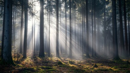 Obraz premium Sunbeam penetrating fog in a dense forest nature landscape photography serene atmosphere captivating view
