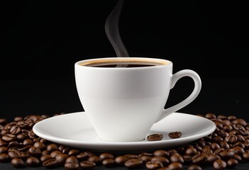 A cup of coffee and a dish of roasted coffee beans Black background
