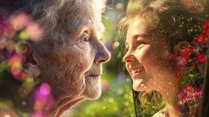 A serene elderly woman with a face beautifully marked by time, gazing into a mirror. The reflection in the mirror shows a young, laughing woman 