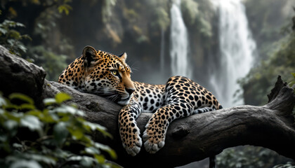 Naklejka premium Majestic Leopard Resting on Branch Near Waterfall