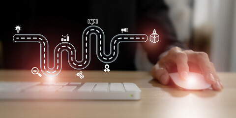 New product development and project roadmap concept. Business professional using mouse with digital...