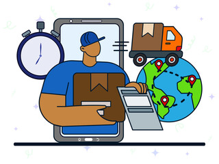 Instant delivery express concept. Courier holding box and receipt on screen smartphone to delivering package for customer. 24 hour delivery, worldwide shipping, cargo logistic. 