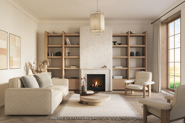 An inviting interior with wooden shelves and fireplace at the center. Modern design solution, 3d rendering
