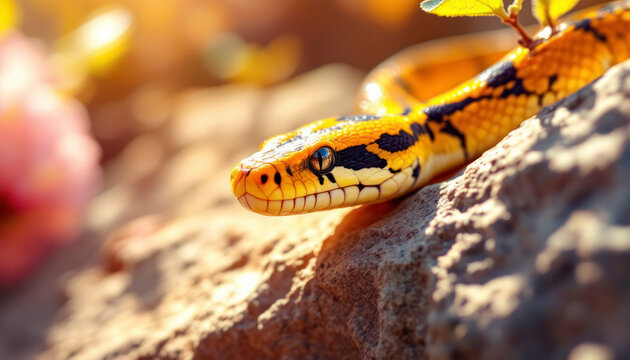 Stunning Yellow Python Snake on Rock in Sunlight