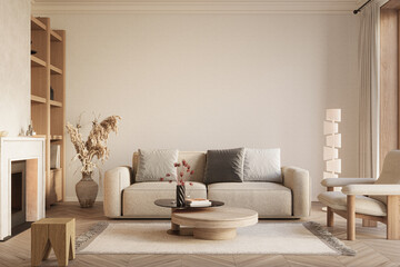 Modern living room interior featuring wooden shelving and sleek contemporary furniture, 3d renderig

