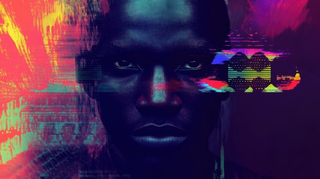 Vibrant digital artwork highlighting a portrait with striking color contrasts and abstract patterns