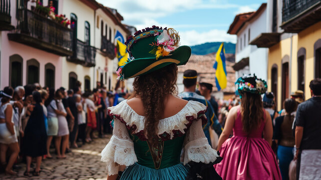A lively parade to celebrate Tiradentes Day in Brazil, people dressed in 18th century style, the streets of the historic city of Ouro Preto are filled with colorful decorat, Ai generated images
