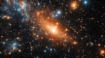 Fototapeta premium Cluster of stars with vibrant quasar effects radiating across a dark cosmic background