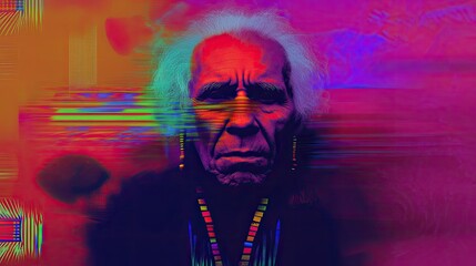 Portrait of an elderly person with colorful background in a digital art style showcasing cultural heritage and identity