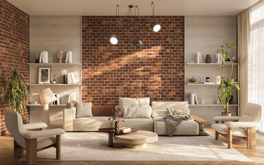 A stylish, inviting interior with warm neutral tones, sleek contemporary furniture and wooden shelving, 3d rendering
