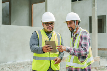 Two engineers wearing safety helmets and reflective vests discussing construction progress while...