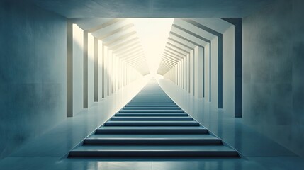 Fototapeta premium Long stairway leading to bright light with symmetrical shapes and balanced colors in a serene environment