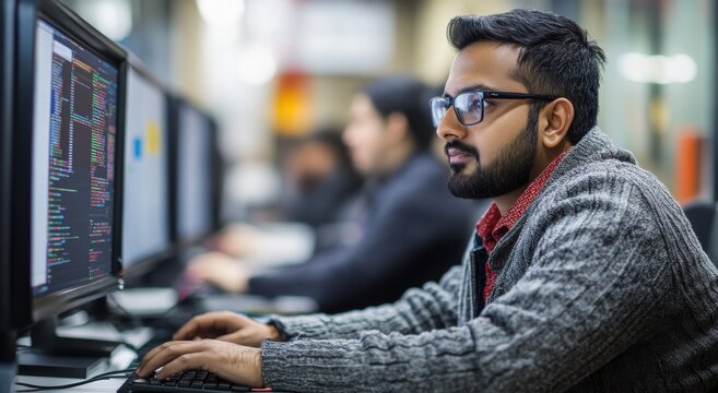 Focused Male Programmer Working on Computer Code in Modern Office Environment with Multiple Monitors and Dim Lighting, Engaged in Software Development