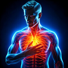 a man with chest pain and chest neon light showing injuries, vivid	