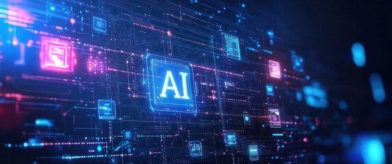 Fototapeta premium Futuristic Abstract Background with AI Symbol and Digital Circuit Elements Representing Artificial Intelligence Technology and Data Connectivity