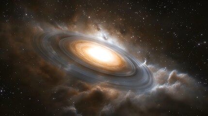 Naklejka premium Black hole in the sky with a star at the center and surreal ringed planet in outer space