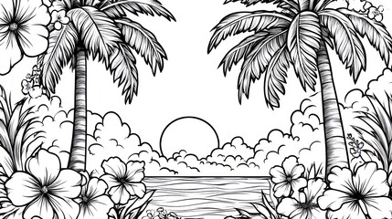 Tropical sunset beach scene, palm trees, hibiscus, ocean