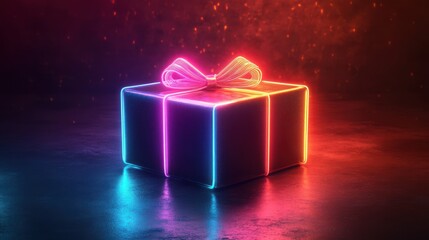 Neon Gift Box Glows Dark Studio Background
