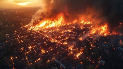Naklejka premium Aerial perspective of a city fire, showing flames spreading through residential and commercial zones 