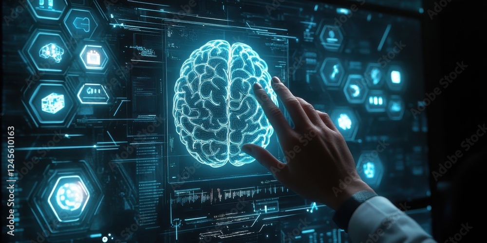 Poster futuristic brain interface technology with hand touching digital interface and neon elements represe