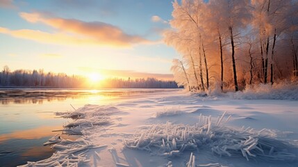 Winter Wonderland: Tranquil Icy Landscape with Snow-Covered Trees, Frozen Lake, and Long Shadows of Setting Sun