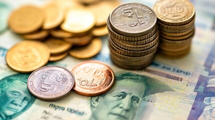 Coins stacked on banknotes, close-up, finance, background blurred