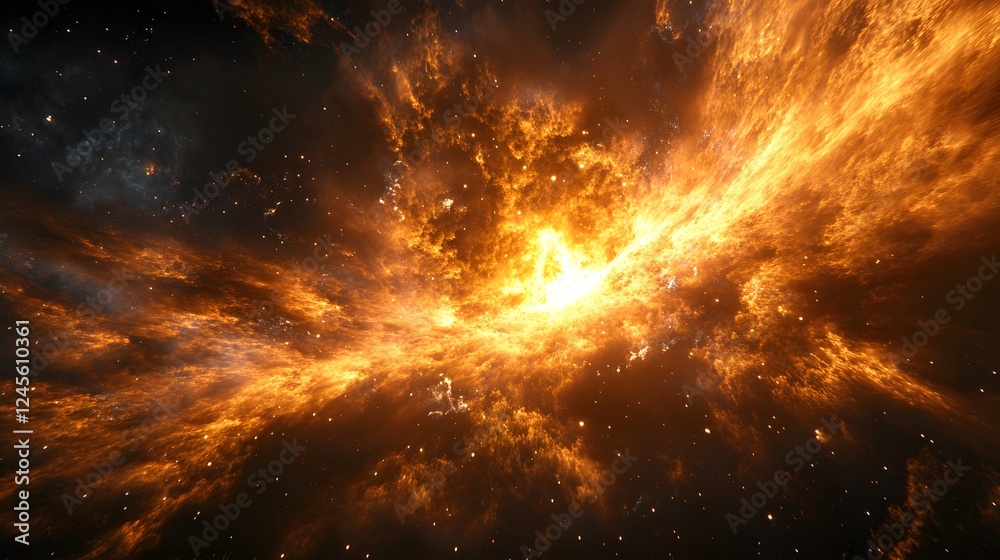 Poster vivid explosion of yellow and orange colors in a space nebula visualization with dynamic patterns
